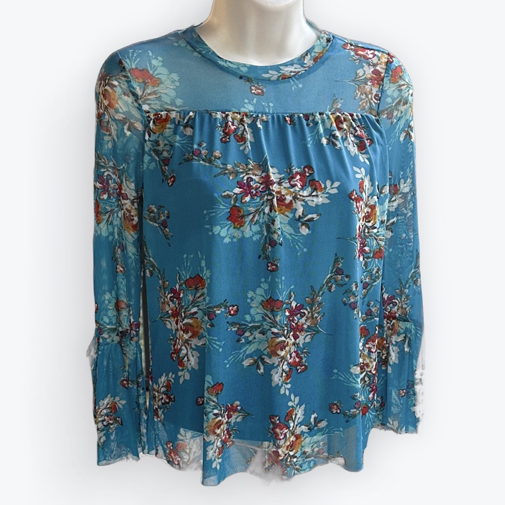 90s Retro Floral Turquoise Sheer Mesh Long Bell Sleeved Top ~ Women XS/S?